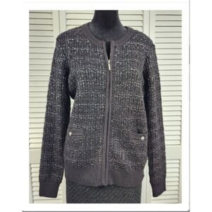 Boston Proper Black Tweed Knit Jacket Zip Front Pockets Wool Blend Size Small